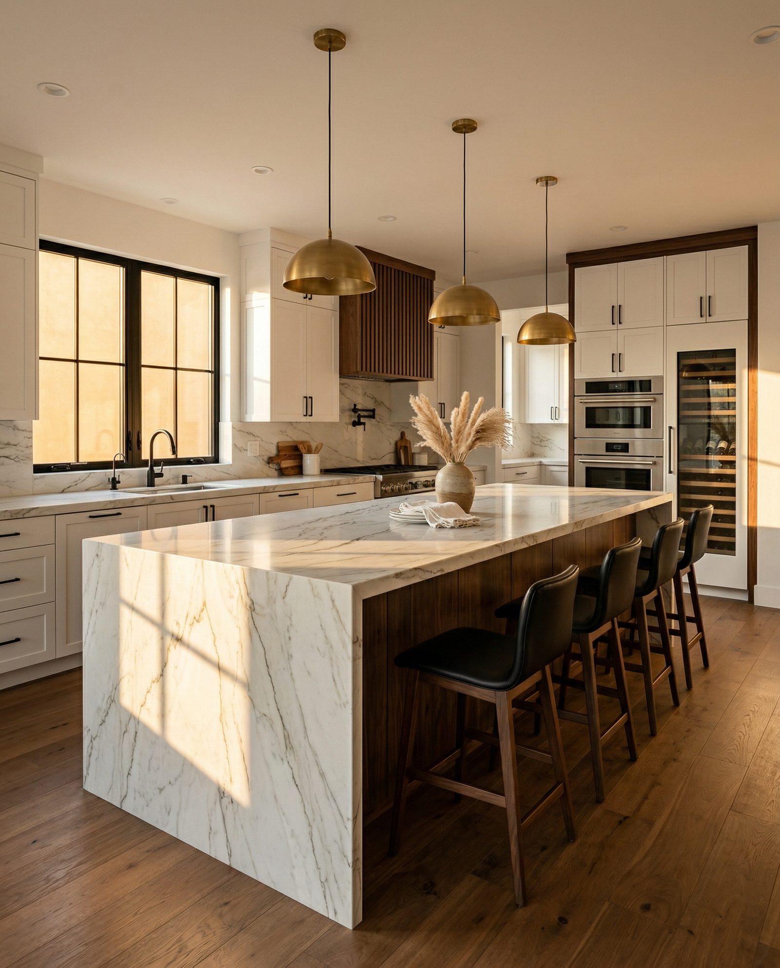 Kitchen with marble waterfall island