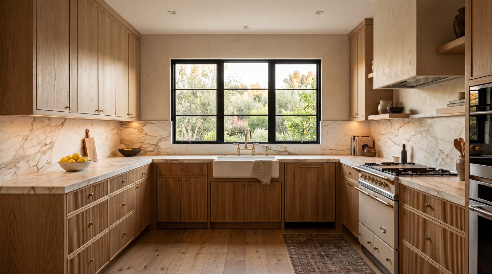 Oak kitchen with marble backsplash