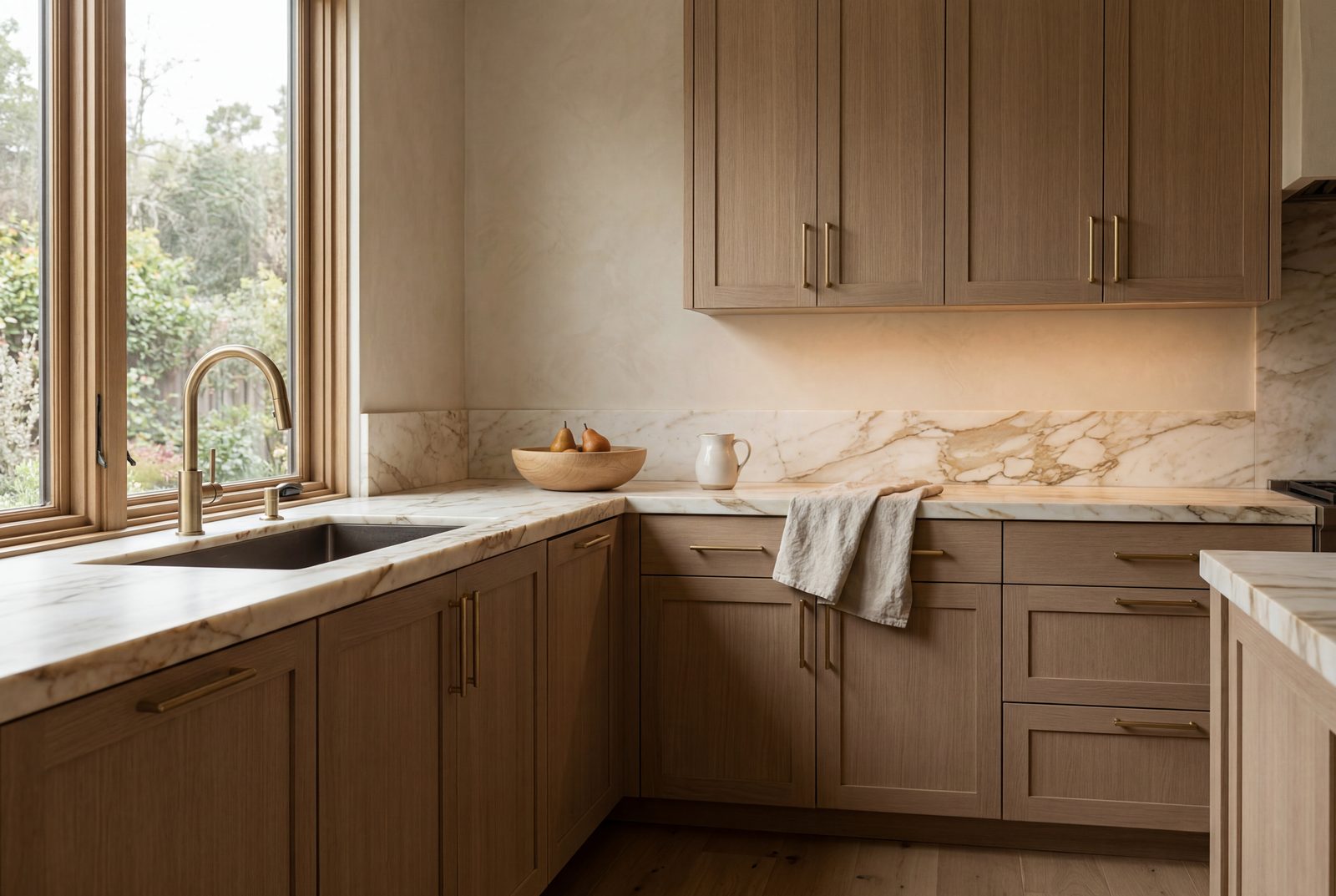 Oak kitchen with brass hardware